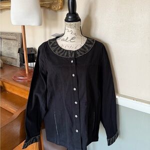 Quacker Factory Black and Silver Bling Jean Jacket with Embroidered Collar NWT